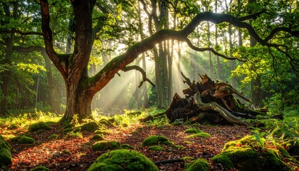 Sunlight filtering through ancient forest trees creating a magical atmosphere.