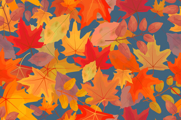
A bunch of bright maple leaves on a blue background. Autumn seamless pattern. Vector