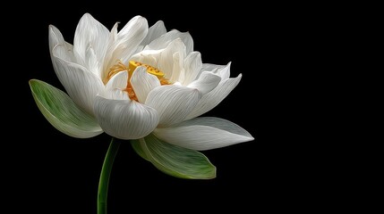 Obraz premium Closeup of a pristine white lotus flower, its petals adorned with delicate water droplets, against a stark black backdrop