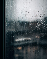 Raindrops on window pane at dusk, raindrops bead on cold glass as raindrops slide in fine streaks, blurred city skyline softens in blue hour, quiet rainy evening mood with cozy introspection vibe