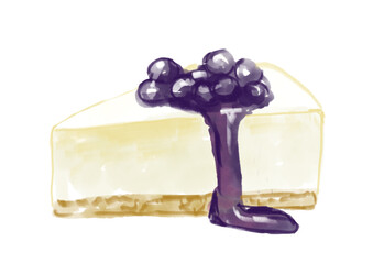 ブルーベリーソースの乗った美味しそうなレアチーズケーキの手描き水彩イラスト