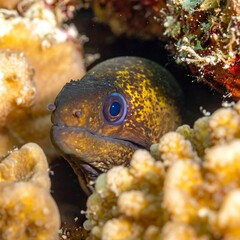 Close-up of a moray eel partially hidden within a coral reef.