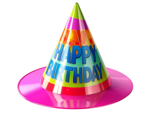 A vibrant cone-shaped birthday party hat featuring festive “Happy Birthday” text, ang