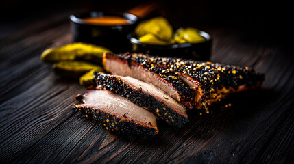 Sliced brisket with pepper bark, juicy brisket shows clean smoke ring on board beside pickles and sauce, charred bark glistens, brisket rests on dark wood, rich smoke and cozy barbecue vibe