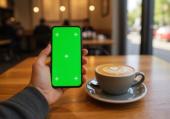 A person holding a smartphone with a green screen next to a cup of coffee in a cafe, showcasing technology and relaxation in a modern setting