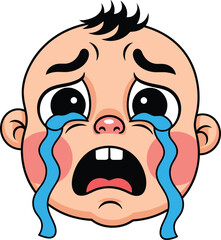Crying baby face cartoon illustration, sad infant artwork, emotional toddler drawing, upset child expression, distressed newborn vector, adorable children clipart