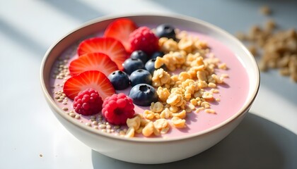 A bowl of yogurt with berries and granola