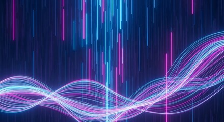 Dynamic abstract digital flow of neon blue and pink light streams creating a vibrant, futuristic, and modern data visualization background, perfect for technology and innovation themes.