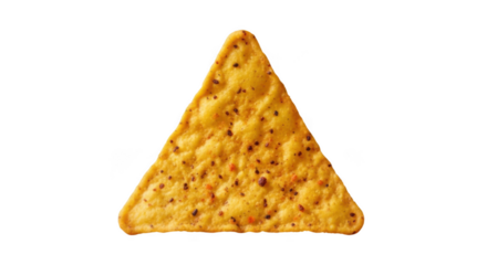 A single triangular corn tortilla chip with nacho cheese seasoning, isolated on a transparent background