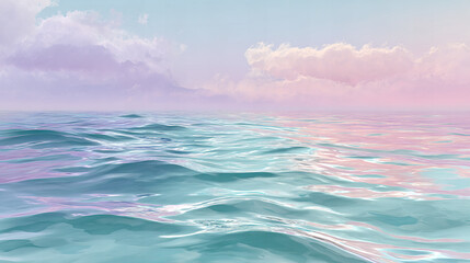 Pastel ocean waves under a colorful sky with soft pink clouds reflecting on turquoise water in a dreamy seascape illustration