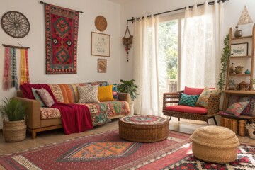 Fototapeta premium Cozy Living Room With Vibrant Textiles and Natural Light During the Day