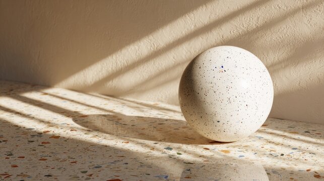Speckled sphere casting a shadow on a terrazzo surface with sunlight streaming through window blinds creating a pattern