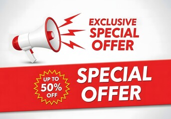 Announcing an exclusive special offer with a megaphone and a 50 percent discount