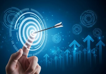 Digital target achieved with precision arrow hitting bullseye amidst futuristic growth graphics