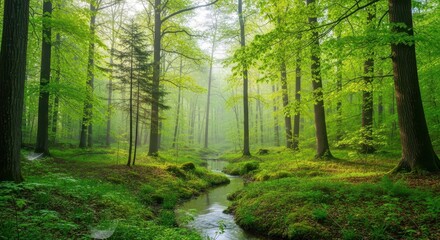 Obraz premium A Lush Green Forest Stream Flowing Through Sunlit Trees in the Morning Mist