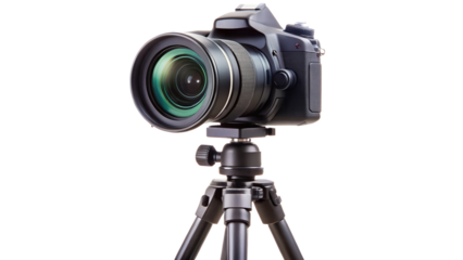 A digital singlelens reflex camera on a tripod, isolated on transparent background, is ready to capture stunning photos and videos with its versatile lens