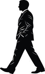 Black silhouette businessman walking in suit, formal attire, professional posture, corporate concept, career success, vector illustration design for business themes