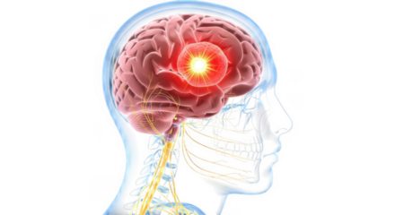 Illustration of a human brain with a glowing red spot indicating pain or a problem, isolated on transparent background
