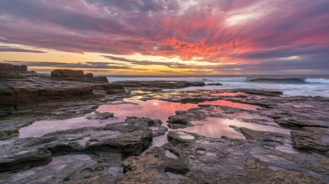 A breathtaking sunset paints the sky with vibrant hues over a rocky beach, the tide pools reflecting the fiery colors in a tranquil coastal scene