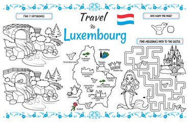 A fun placemat for kids. Printable Travel to Luxembourg activity sheet with a labyrinth and find the differences. 17x11 inch printable vector file