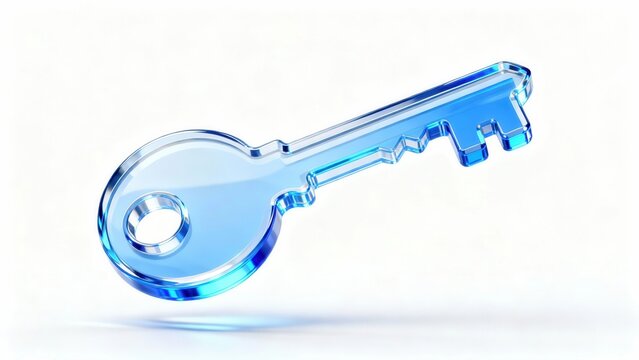 3D illustration of a blue transparent glass key on a white background