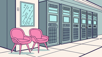 Cartoon server room data center illustration with pink chairs and wall art for background use