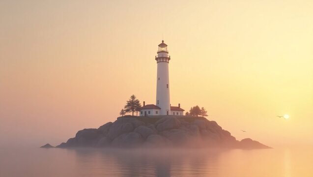 A lighthouse stands on a rocky island at sunrise, with calm water and a hazy sky.