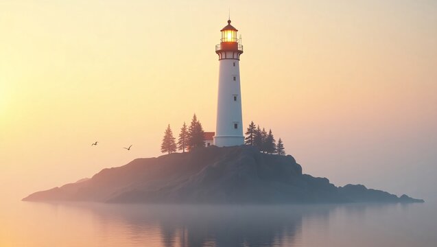 A lit lighthouse stands on a rocky island at sunrise, with trees, birds, and calm water.