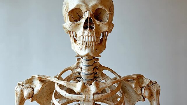 Close-up, static shot of a human skeleton against a plain off-white background.