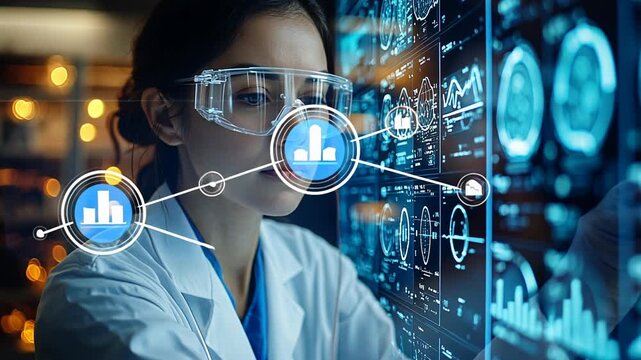 A scientist in a lab coat and goggles analyzes data on a futuristic holographic display.