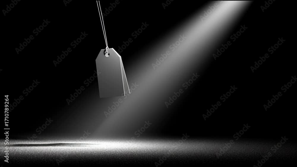 Poster exploring light and shadow with a hanging tag in a dark setting