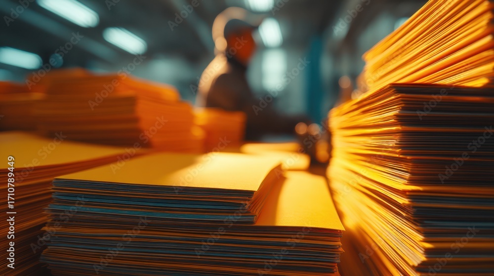 Poster medium shot of a worker handling stacks of precisely cut paper sheets from bulk orders the sharp foc