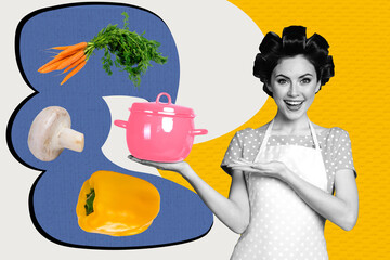 Art sketch 3d image full collage of happy housemaid girl hold pot carrot mushroom pepper vegan dish preparation kitchen concept
