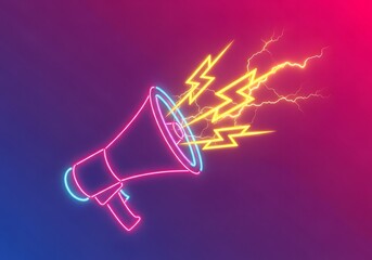 Vibrant neon megaphone emitting bright yellow lightning bolts against a striking purple and pink gradient background