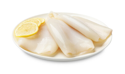 Pieces of raw squids with lemon isolated on white