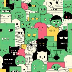 Collection of vibrant cartoon Halloween monsters forming a scary spooky pattern. Fun illustration for kids' party decoration or fabric design.