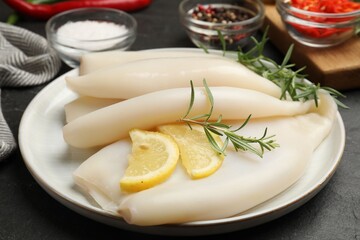 Uncooked squids with lemon slices, rosemary and spices on black table, closeup