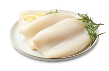 Uncooked squids with rosemary and lemon slices isolated on white