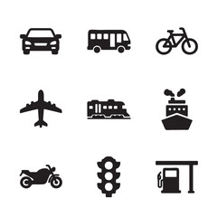 A grid of black silhouette icons depicting various modes of transportation and related elements like a traffic light and gas station.