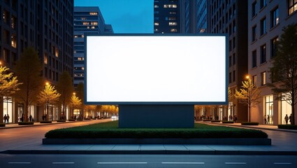 A large blank billboard in a city street at night, with lit buildings, trees, and pedestrians around.
