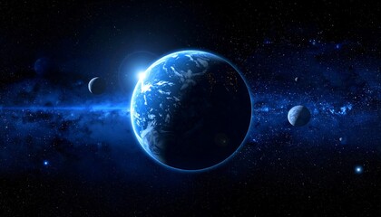 A vibrant, blue planet amidst a starlit cosmos, bathed in sunlight with visible continents and moons