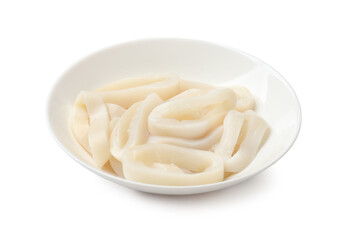 Uncooked squid rings in bowl isolated on white
