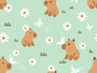 Seamless pattern with capibara cartoons, daisy chamomile flower and butterflies on green grass background vector.