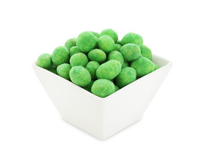 Wasabi coated peanuts in bowl isolated on white