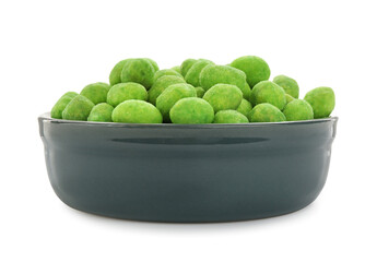 Wasabi coated peanuts in bowl isolated on white