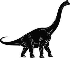 Black silhouette vector illustration of Brachiosaurus dinosaur with long neck, prehistoric animal design, and ancient wildlife concept for educational and decorative use