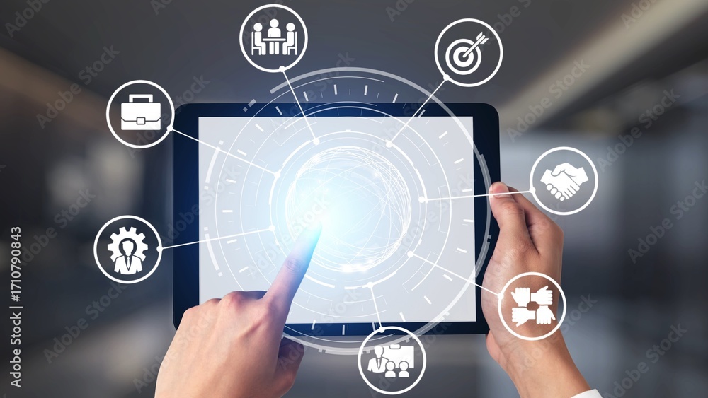 Poster b2b strategy and technology transforming business-to-business operations, optimizing communication, 