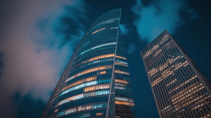 Modern skyscrapers at night with illuminated windows and cloudy sky, showcasing urban architecture and the vibrant city life