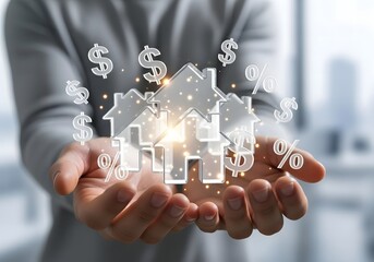 Hands holding a glowing holographic cluster of houses surrounded by floating dollar signs and percentage symbols representing real estate investment and financial growth