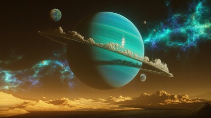A mesmerizing view of a gas giant planet with rings and moons hovering above a surreal landscape, bathed in the glow of distant nebulae